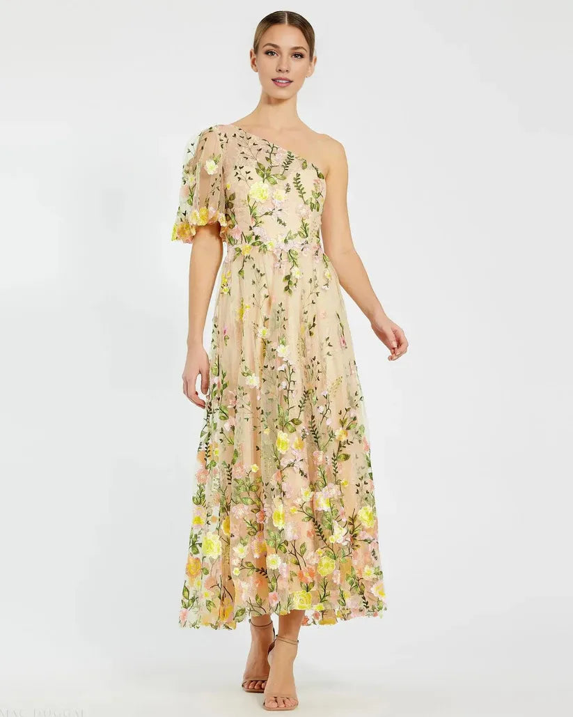 Robe Weitese rose asymétrique en dentelle brodée, robe longue, robe de soirée trapèze, robe de bal à manches courtes